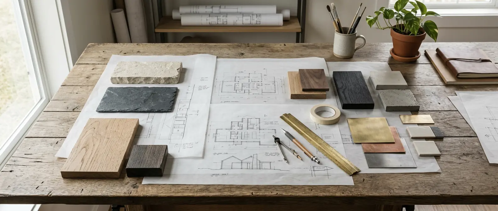Drawings on tracing paper beside stone and timber samples and a brass ruler on an oak table