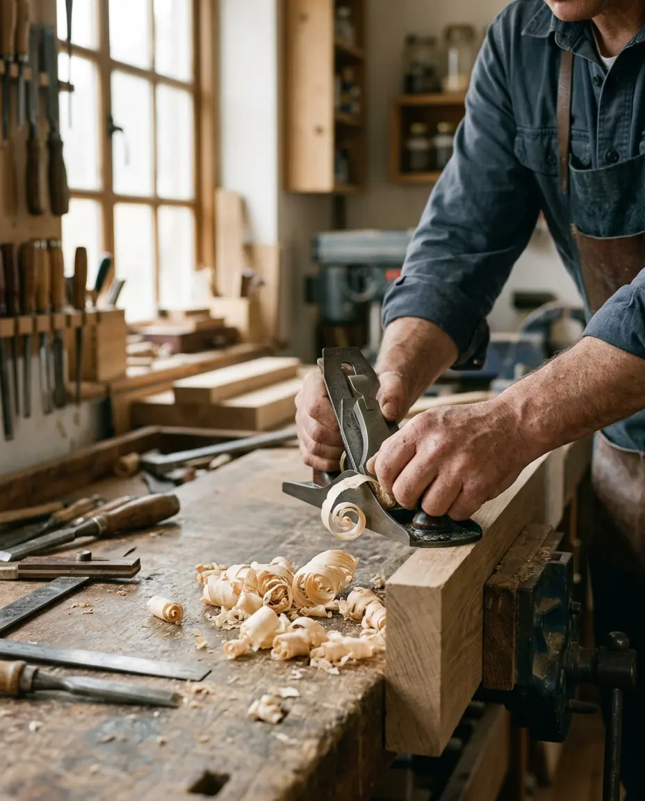 Hands planing the edge of a solid oak board at a workbench in soft window light