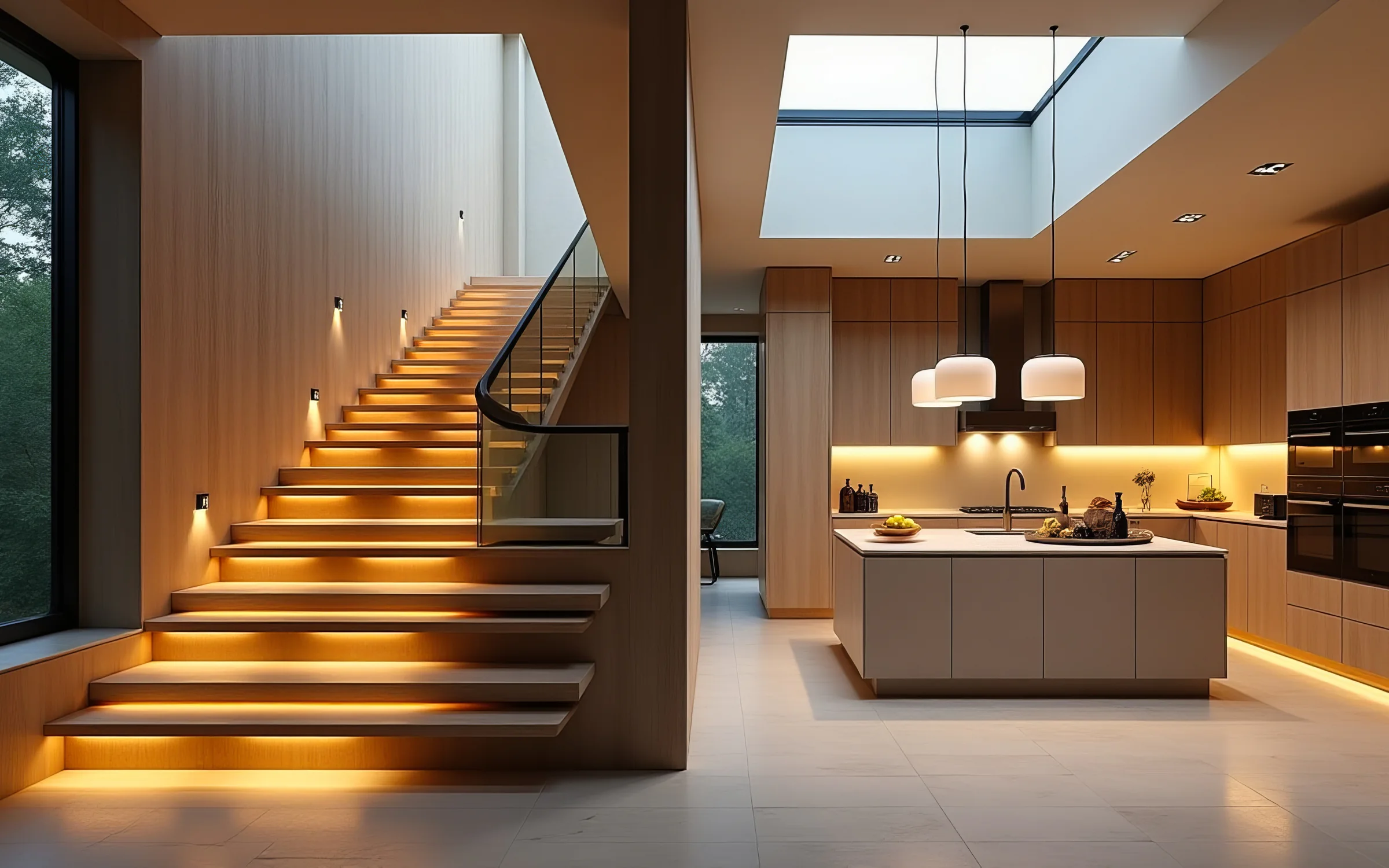 Contemporary kitchen and staircase in warm evening light