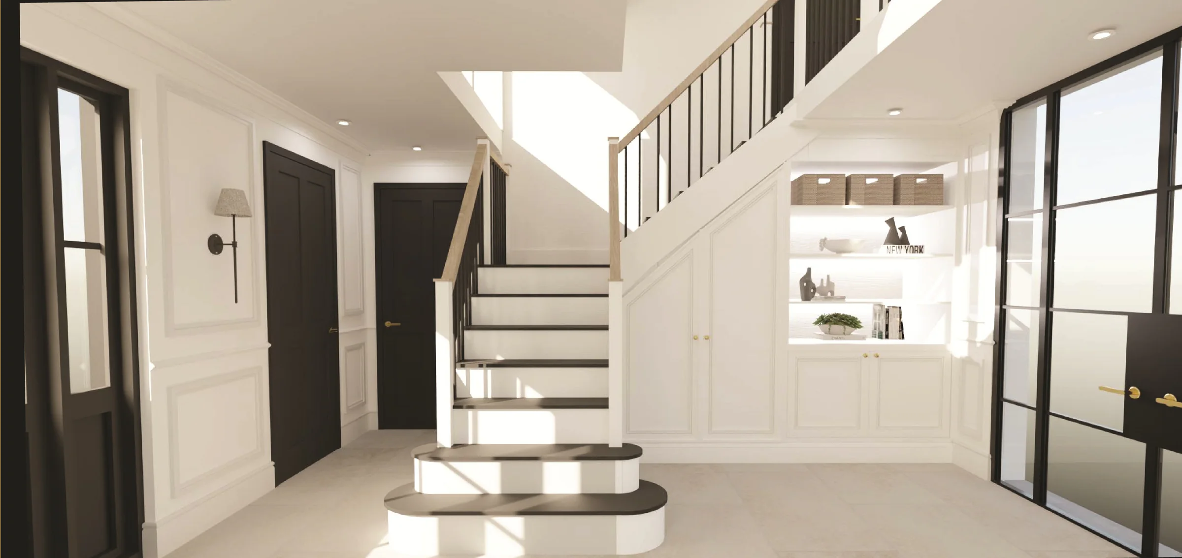 JP Home Creations project imagery showing a bright stair hall with wall panelling and fitted shelving