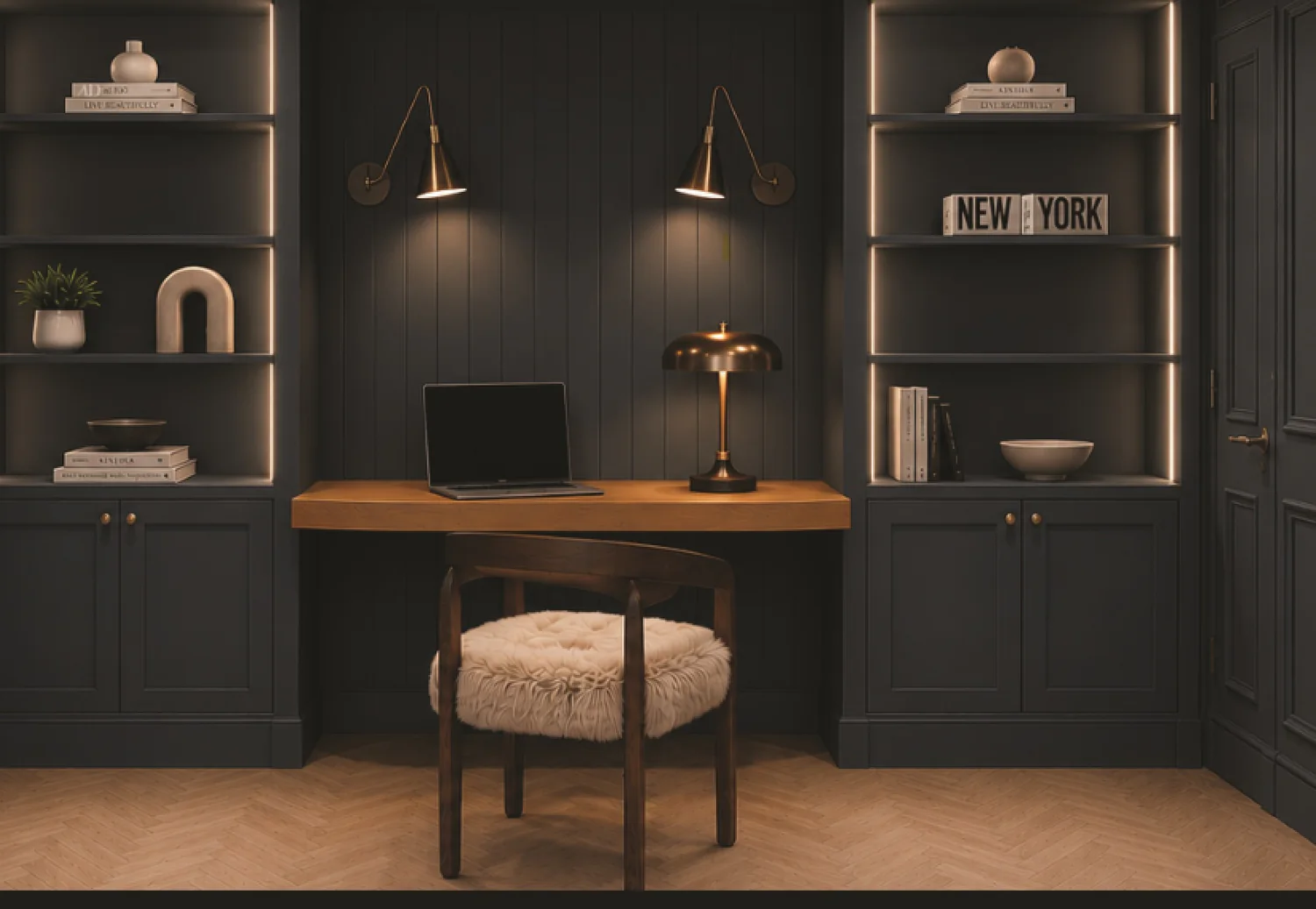 JP Home Creations project imagery showing a dark fitted home study with integrated shelving