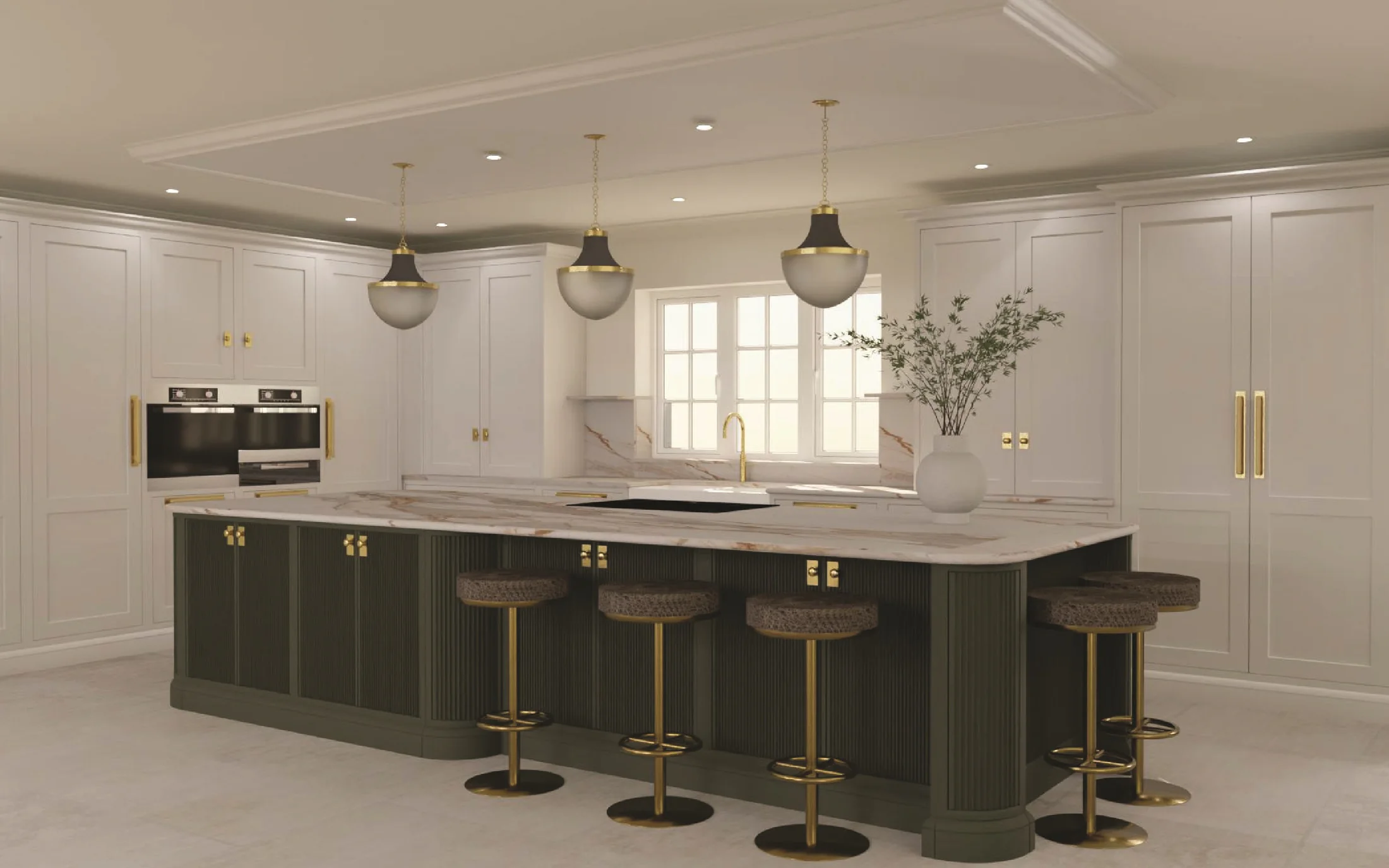 JP Home Creations project imagery showing a fitted kitchen with a central island and painted cabinetry